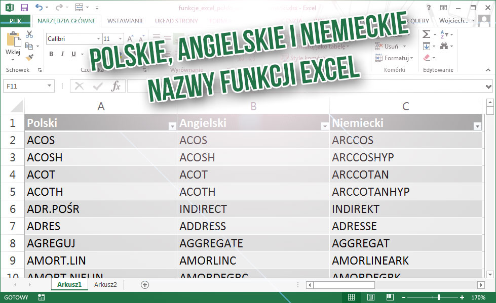 Funkcje Excel 2013 w języku polskim, angielskim i niemieckim